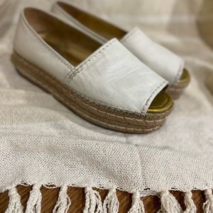PRADA leather peep toe platform espadrilles